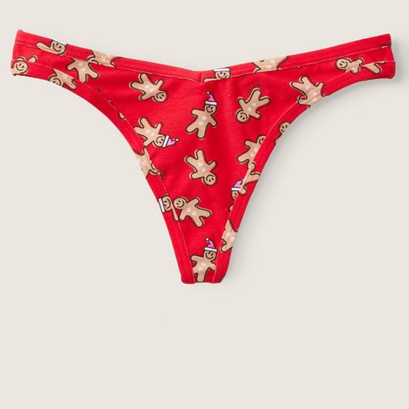 🤶⛄️Gingerbread Man Christmas Holiday Panties VS PINK COTTON THONG UNDERWEAR NWT - Picture 1 of 7